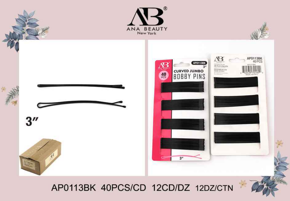 Ana Beauty 3" Curved Jumbo Bobby Pins 40pcs - 0113BK